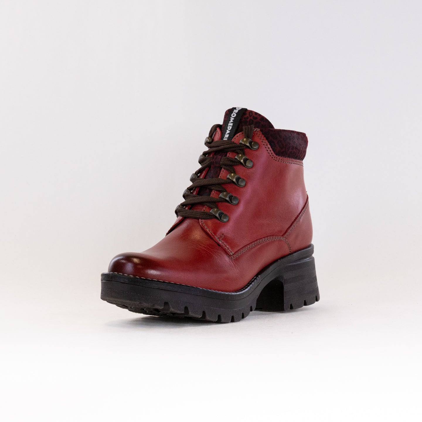 Dromedaris Karlie Women's Short Lace-up Ankle Boots in Red with Mini Leo Print