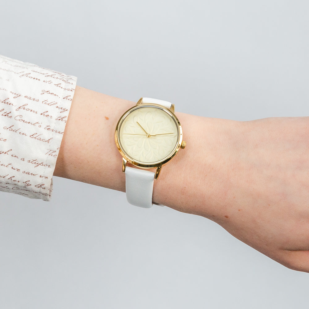 Ellis & Co Women's White Leather Watch with Patterned Dial