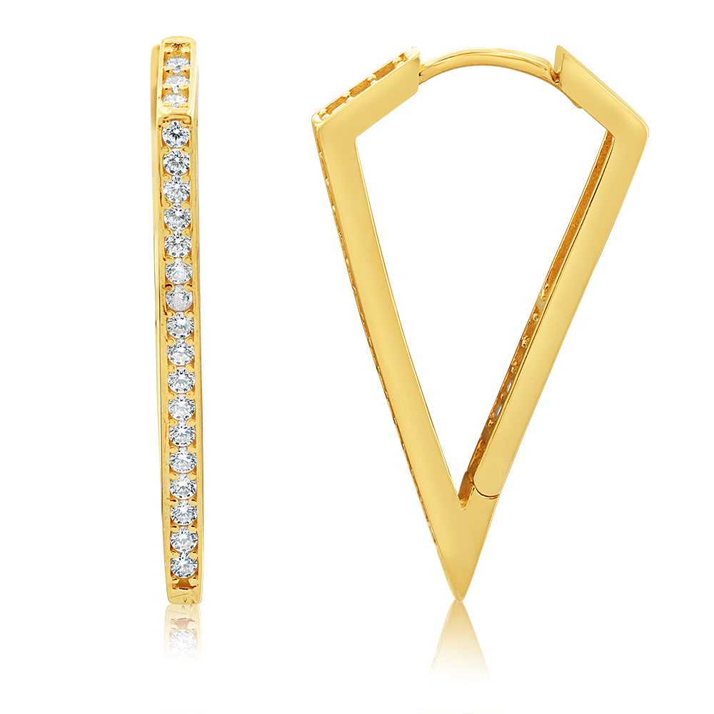 Stylish 9ct Yellow Gold Cubic Zirconia 'V' Hoop Earrings for Women