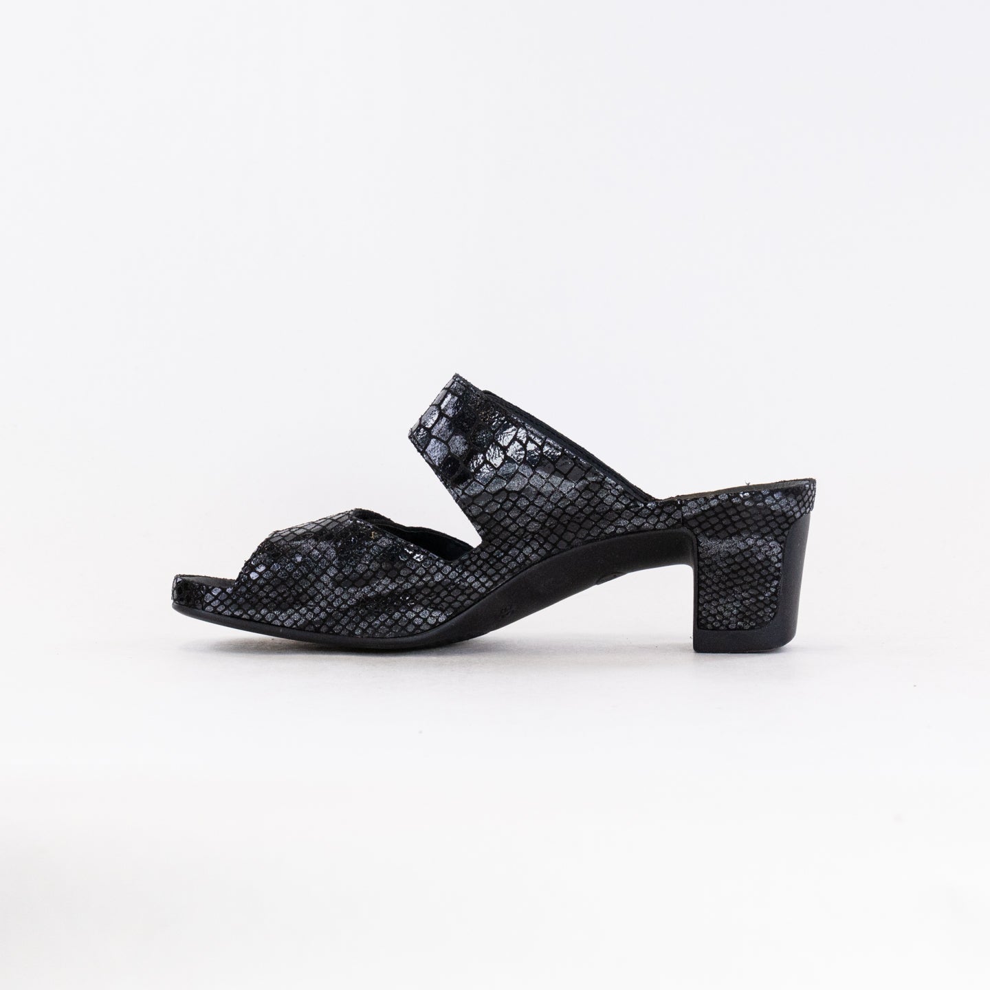 Women's Stylish Vital Joy Mule Sandals in Black Snake-Print Leather