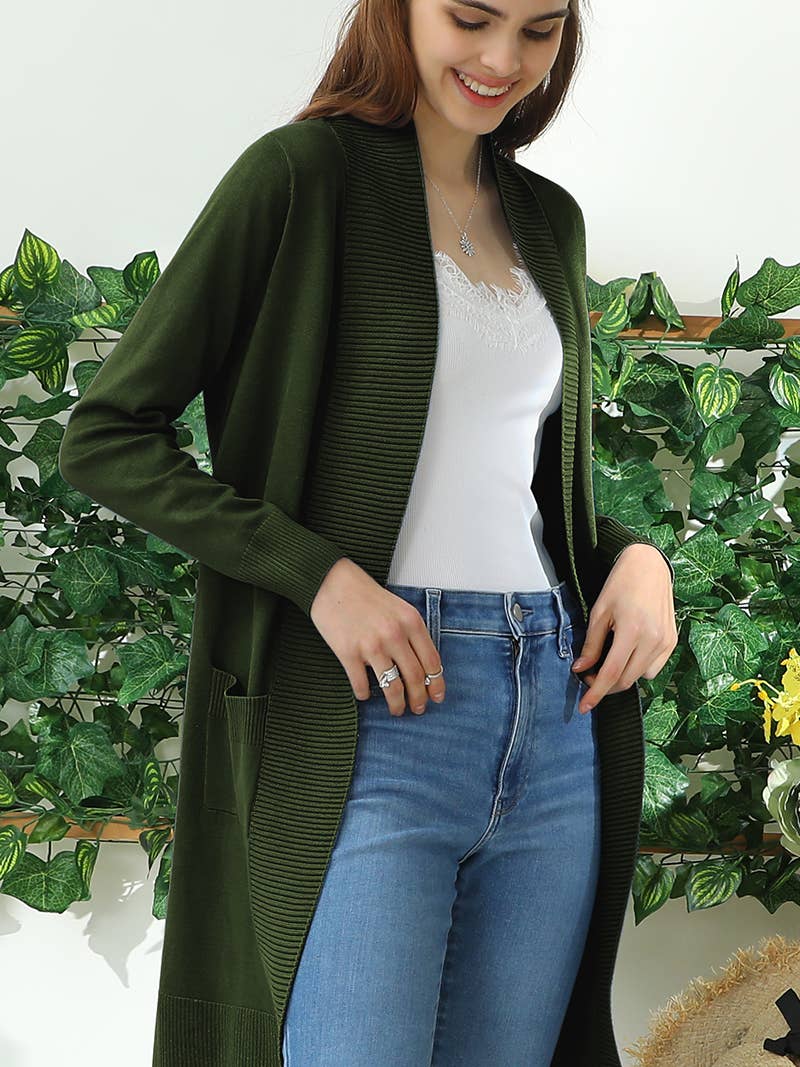 Cozy Long Sleeve Front-Open Cardigan with Convenient Side Pockets