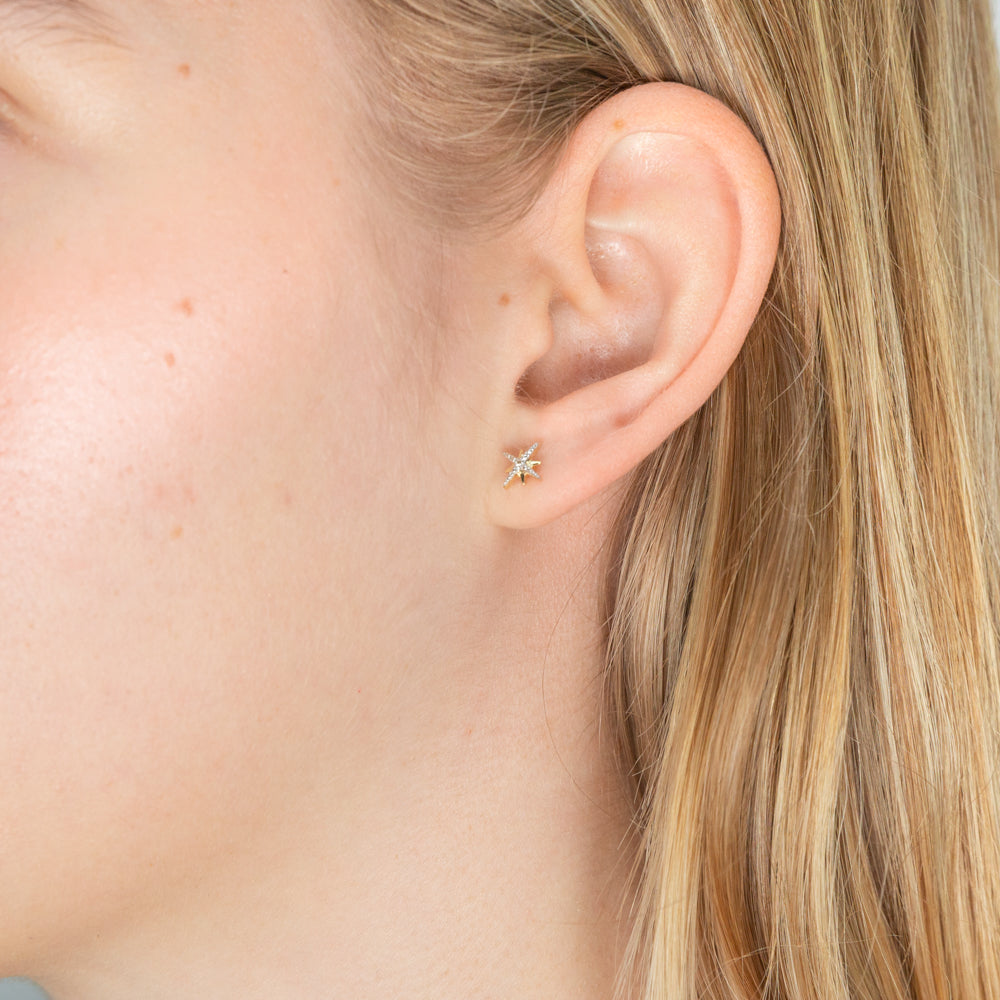 Exquisite 9ct Yellow Gold Stud Earrings Featuring a Starburst Design with Two Brilliant Diamonds