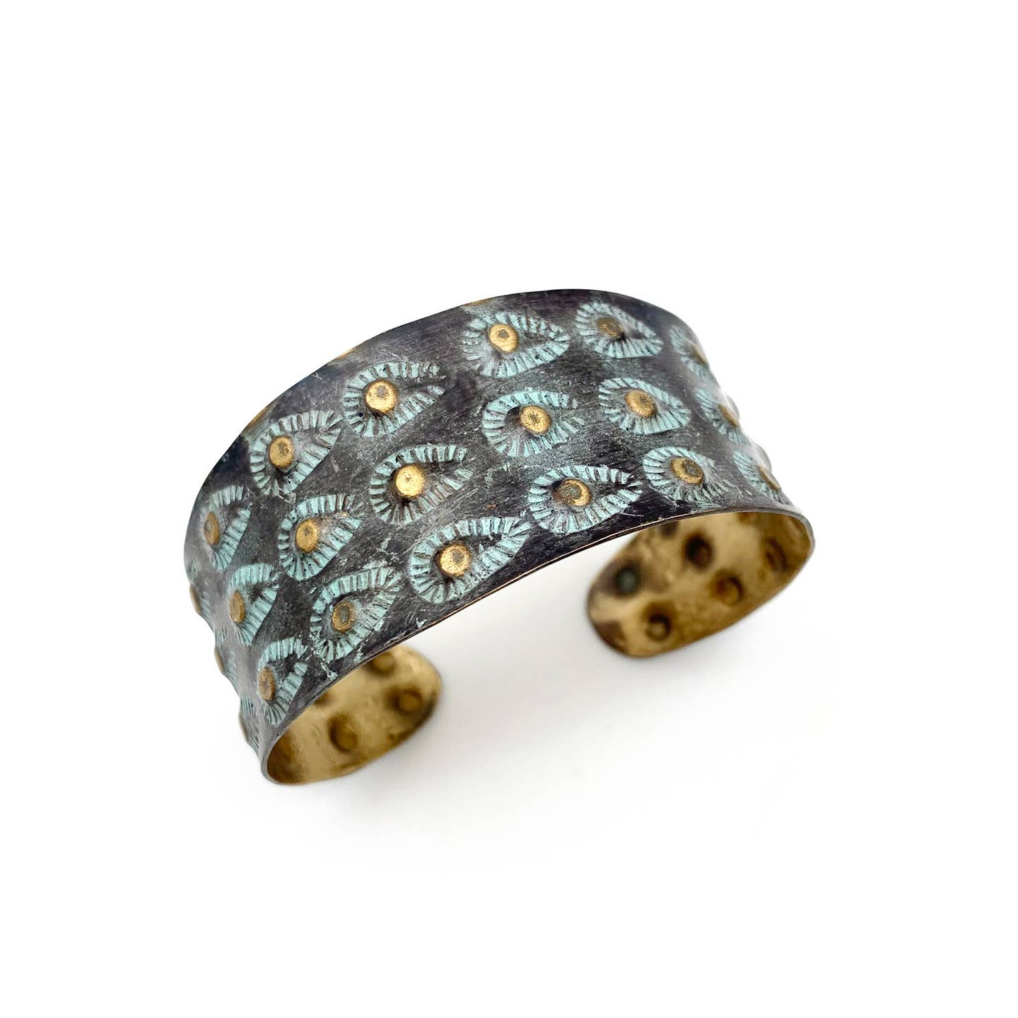 Aqua on Brown Teardrops and Dots Handmade Brass Patina Adjustable Bracelet for Unique Style