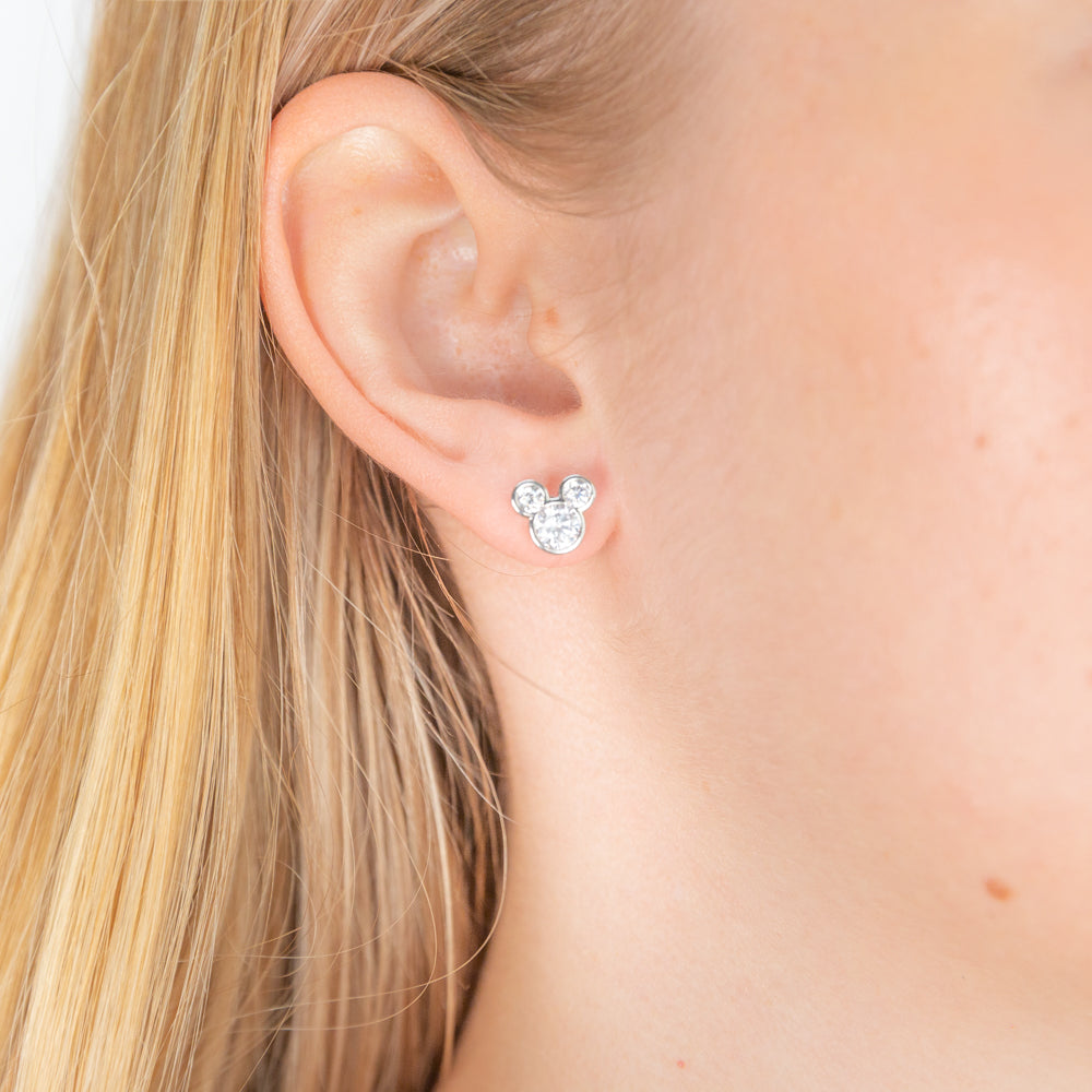 Sparkling 14k White Gold Plated DISNEY Mickey Mouse Crystal Stud Earrings