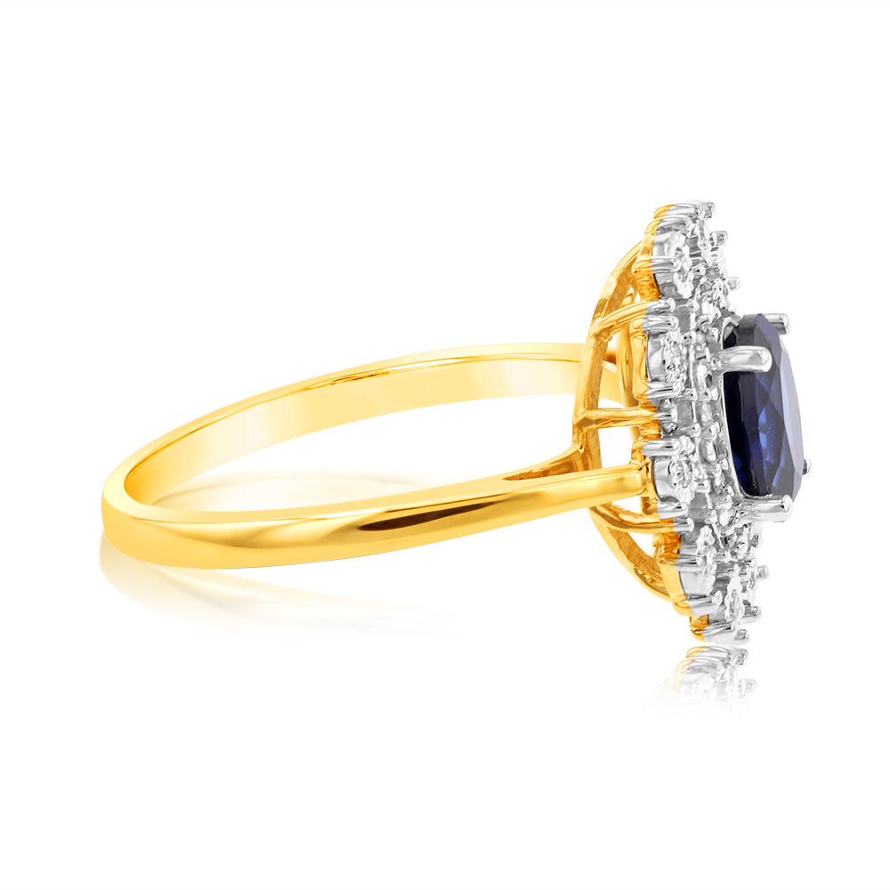 Exquisite 9ct Yellow Gold Ring with Diamonds and Lab - Created Sapphires