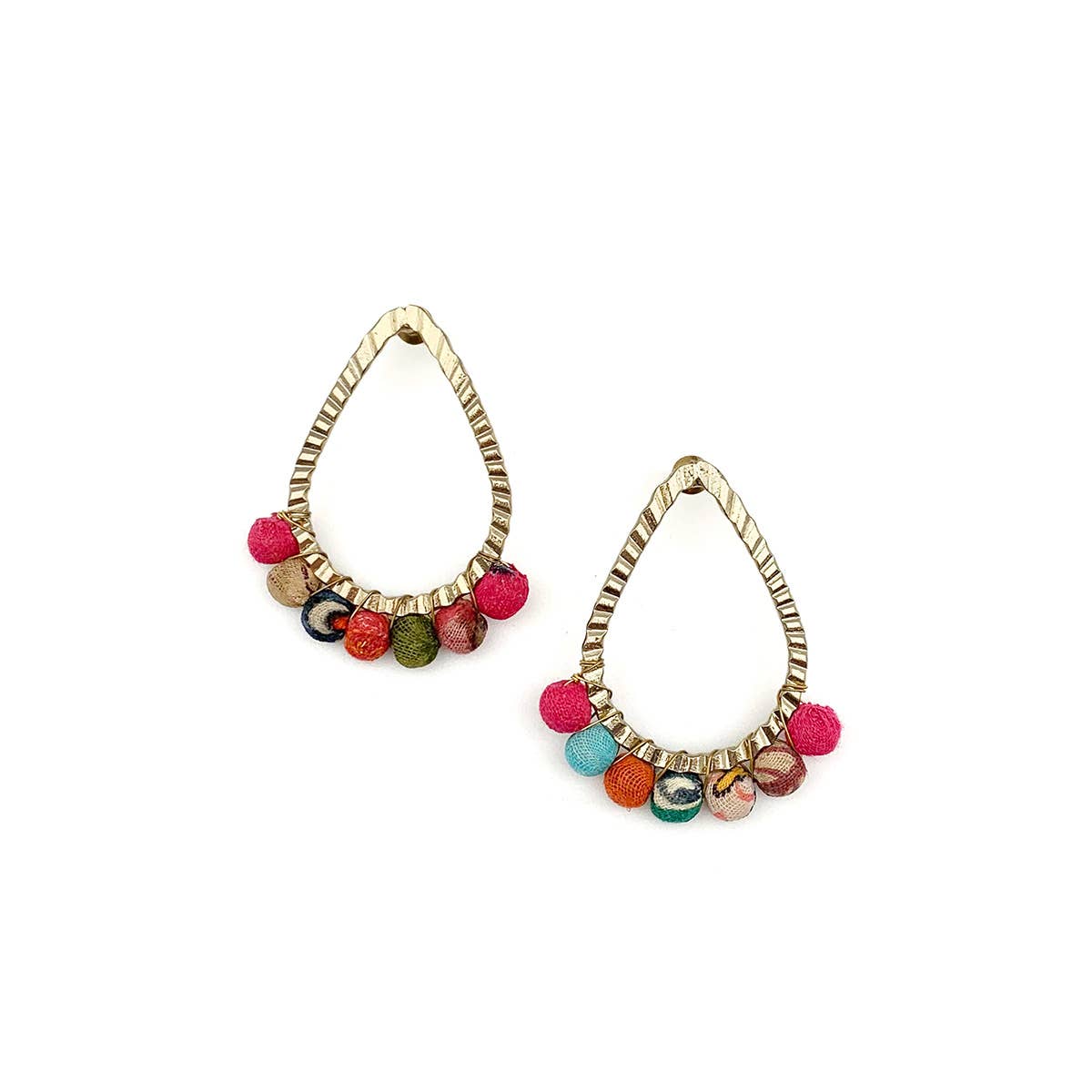 Stylish Aasha Hand - Hammered Brass Teardrop Shaped Post - Wrapped Bead Fashion Earrings