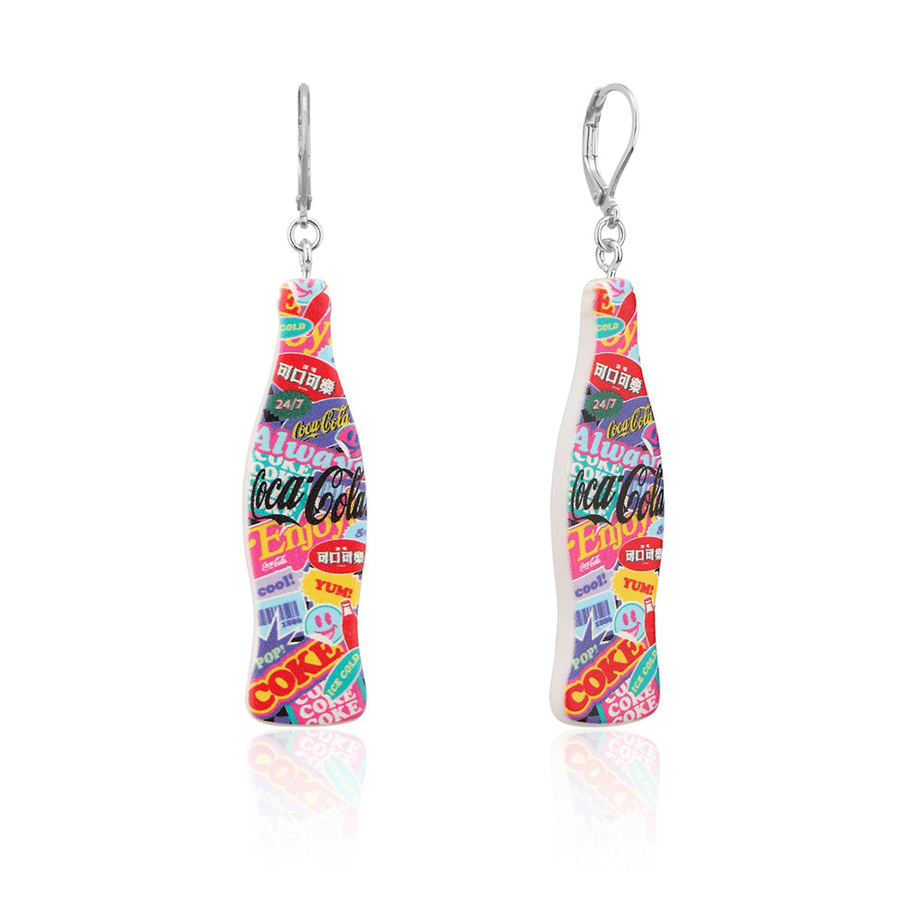 Disney Branded White Gold Plated Stainless Steel Coca - Cola Inspired Pop - Style Drop Earrings for Fashion Lovers