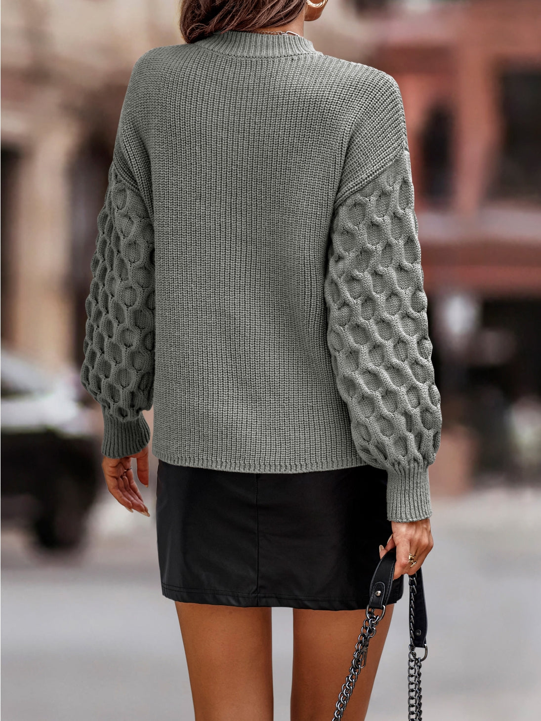 Chic Crew Neck Sweater with Ribbed Knit Honeycomb Sleeves