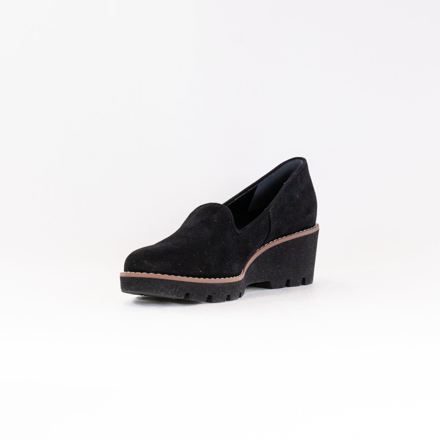 Women's Vionic Willa Black Suede Chunky Lug Wedge Slip-Ons