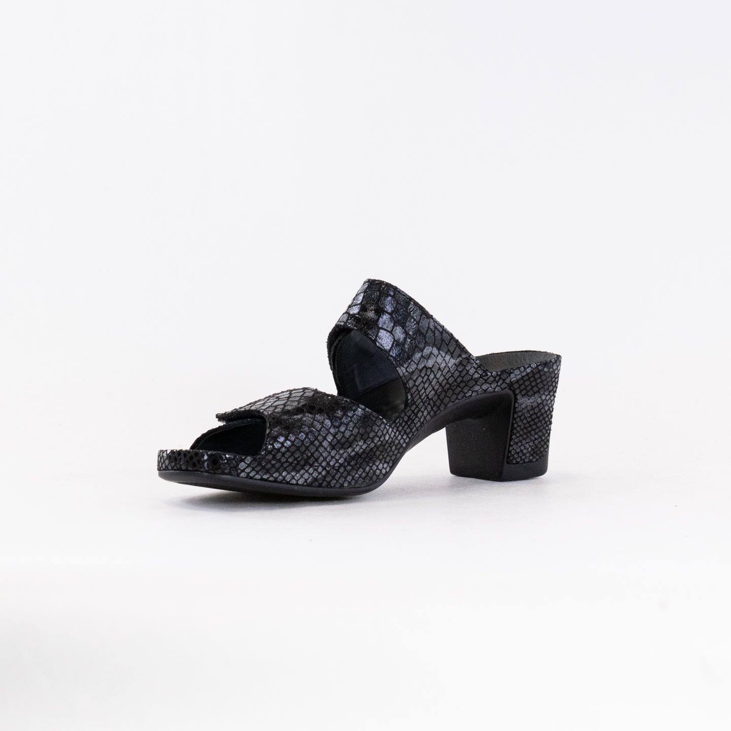 Women's Stylish Vital Joy Mule Sandals in Black Snake-Print Leather