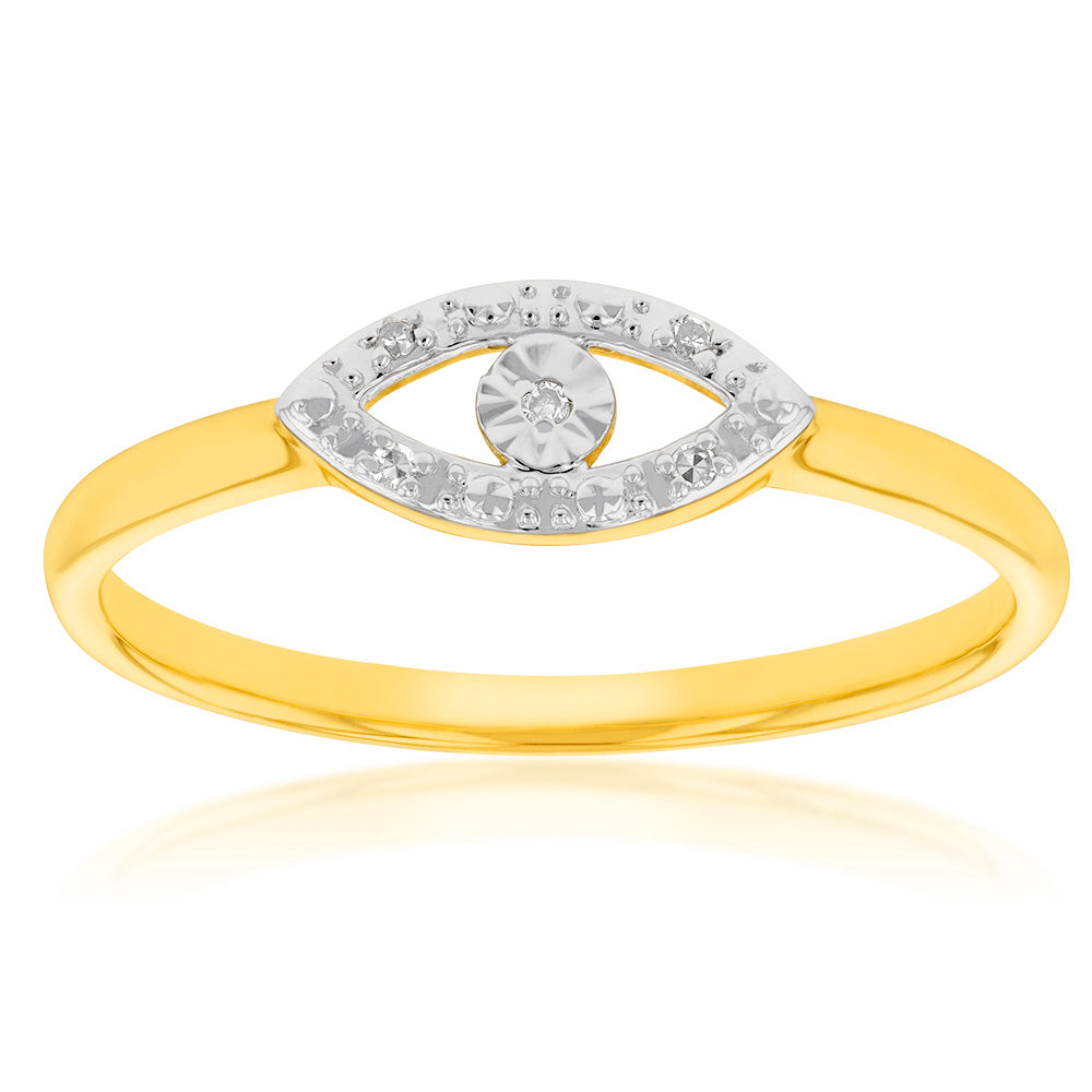 9 Carat Yellow Gold Diamond Ring with Evil Eye Design for Protection and Good Luck