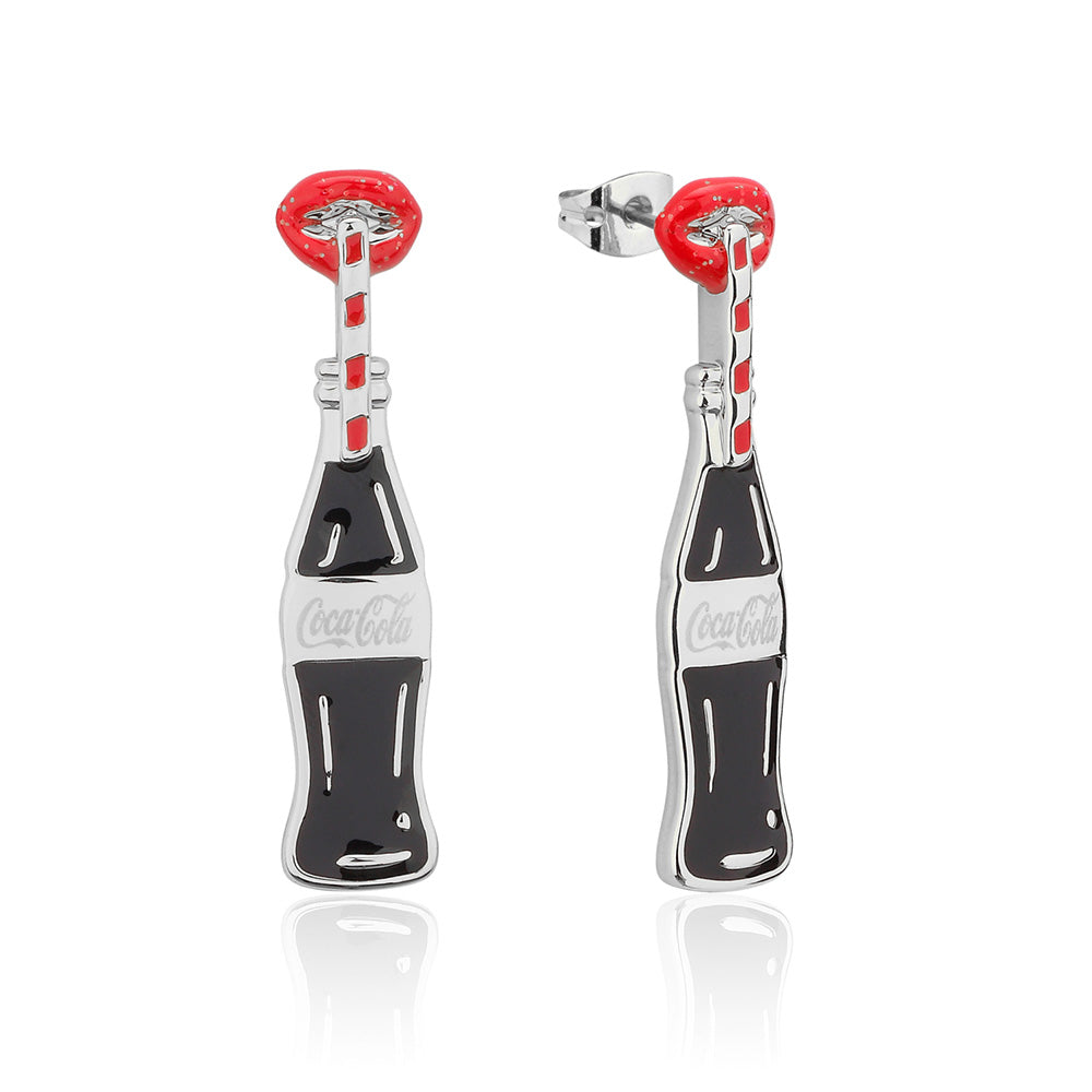 Disney Themed White Gold Plated Stainless Steel Coca - Cola Inspired Lips - Shaped Drop Earrings for Fashion Lovers
