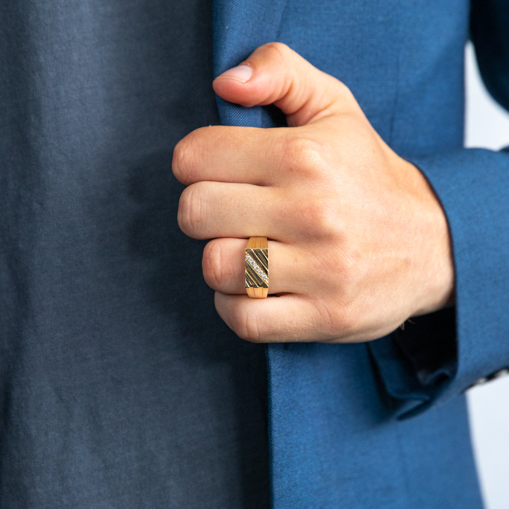 9ct Yellow Gold Diagonal Channel Set Cubic Zirconia Ring for Gentlemen - A Stylish and Sophisticated Jewelry Piece