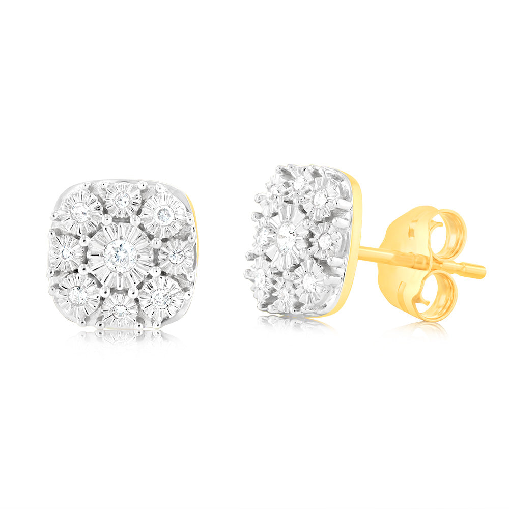 Stylish 9ct Yellow Gold Stud Earrings Adorned with 18 Exquisitely Brilliant Cut Diamonds