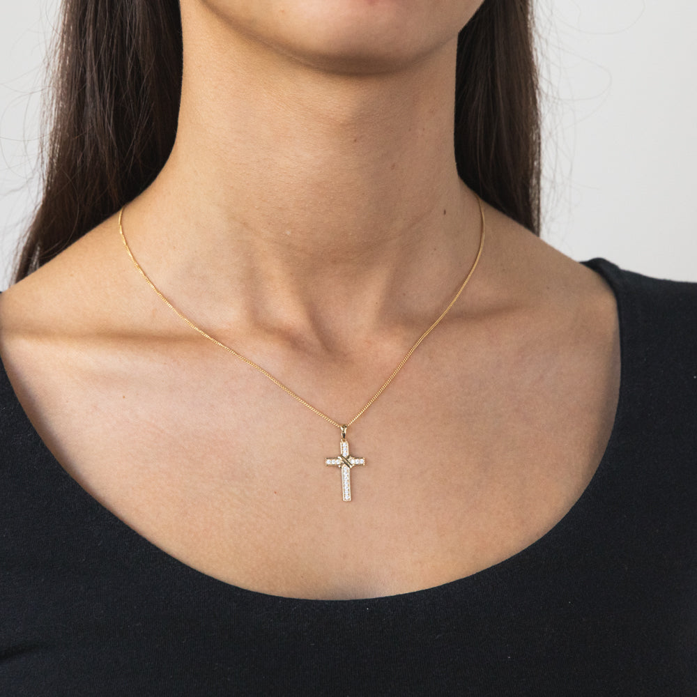9 Carat Yellow Gold Cubic Zirconia Christian Cross Pendant Necklace for Special Occasions