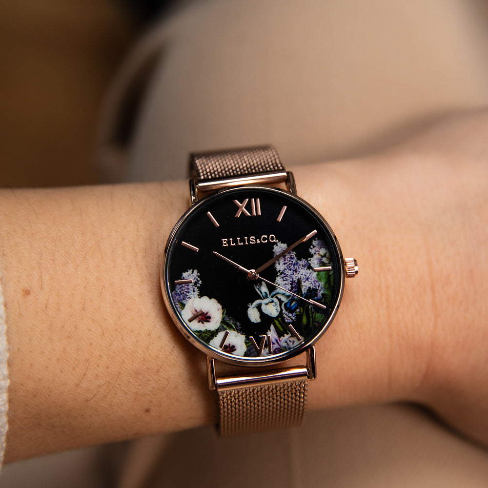 Ellis & Co Women's Rose Gold Tone 'Iris' Floral Stainless Steel Mesh Bracelet Watch