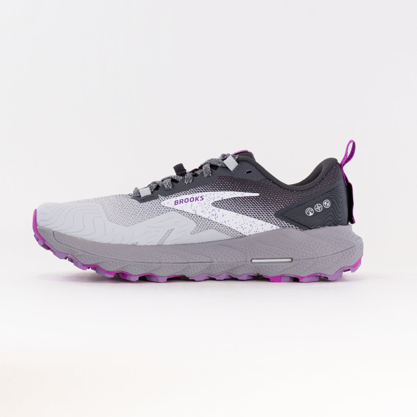 Women's Brooks Cascadia 17 Trail Running Shoes - Oyster, Blackened Pearl, and Purple Color Combination