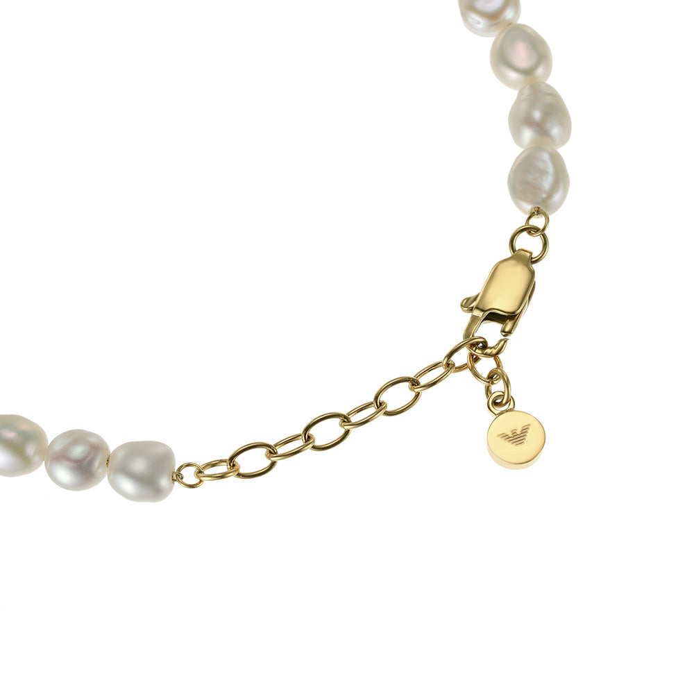 Emporio Armani Sentimental Logo Gold Plated Stainless Steel Bracelet with White Beads
