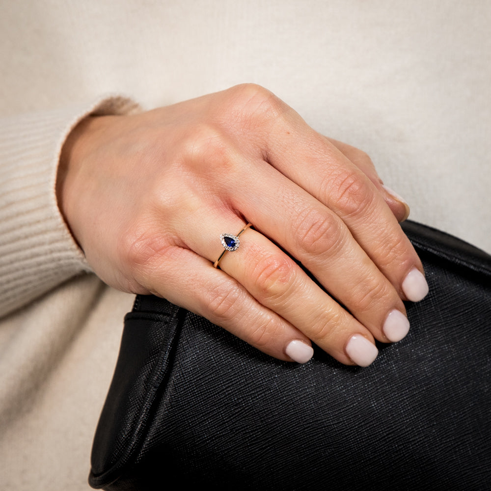 Stunning 9ct Yellow Gold Ring with Diamonds and Created Pear Sapphires