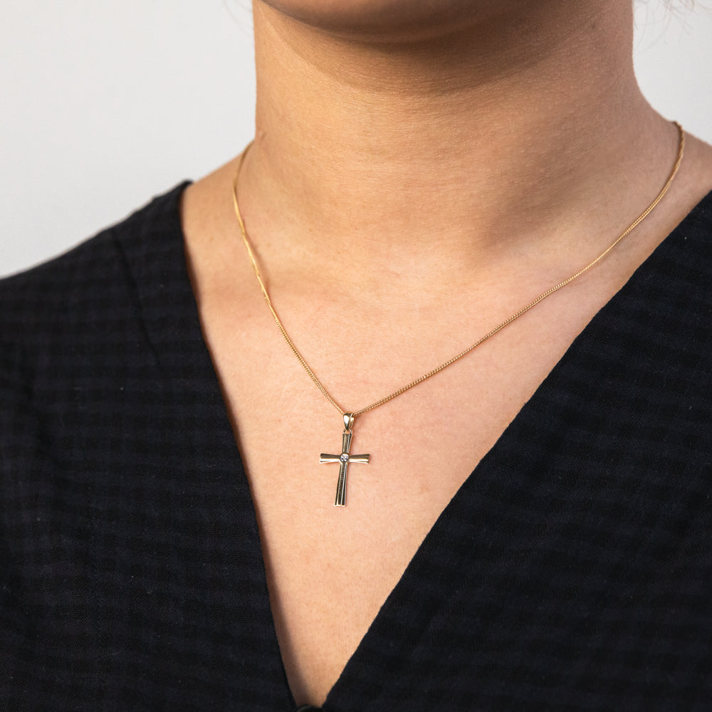9ct Yellow Gold Diamond-Embedded Cross-Shaped Pendant for Jewelry Lovers