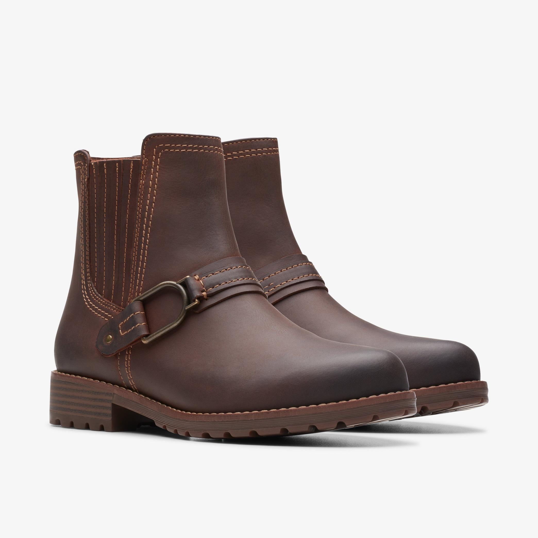 Women's Clarks Aspra Buckle Ankle Boots in British Tan Leather