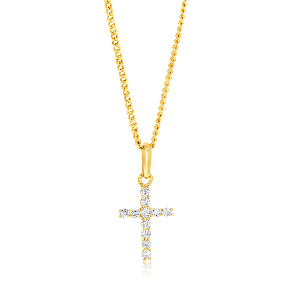Stunning 9ct Yellow Gold Cross Pendant Adorned with Cubic Zirconia