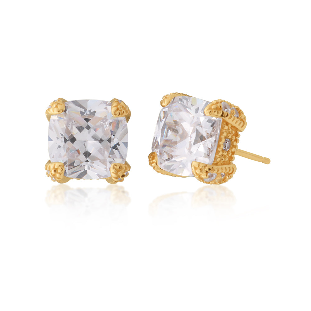Stylish 9ct Yellow Gold 7mm Cushion Cut Stud Earrings with Side Stones