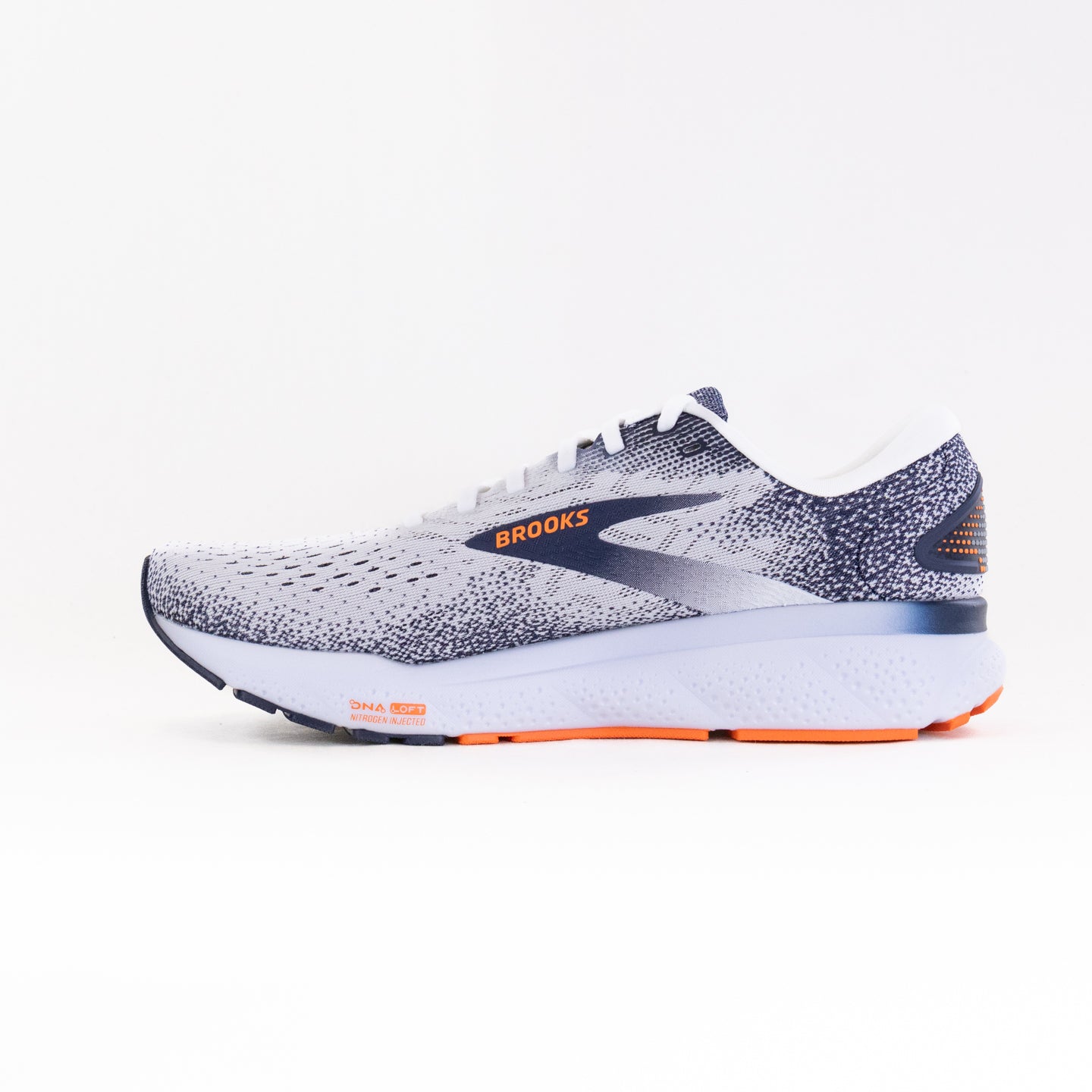 Men's Brooks Ghost 16 Running Shoes - White/Peacoat/Orange Colorway