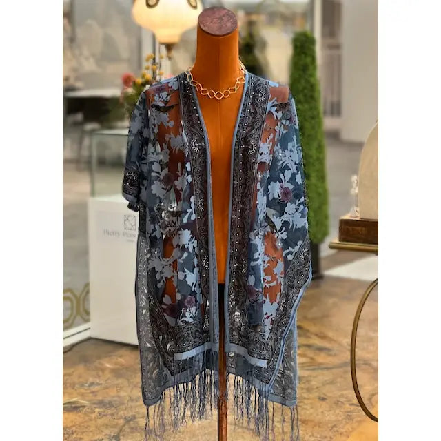 Elegant Flowery Day Kimono - Style Ruana for Beach Cover - up