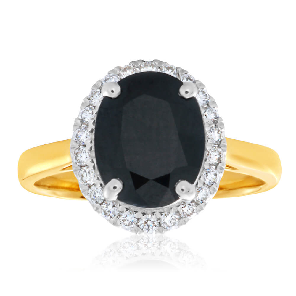 Exquisite 9 Carat Yellow Gold Ring Adorned with 3.75 Carat Natural Black Sapphire and 0.25 Carat Diamonds