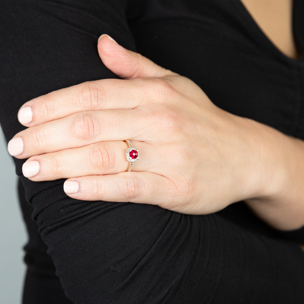 Exquisite 9ct Yellow Gold Ring with Cushion Cut Halo of Diamonds and Created Ruby