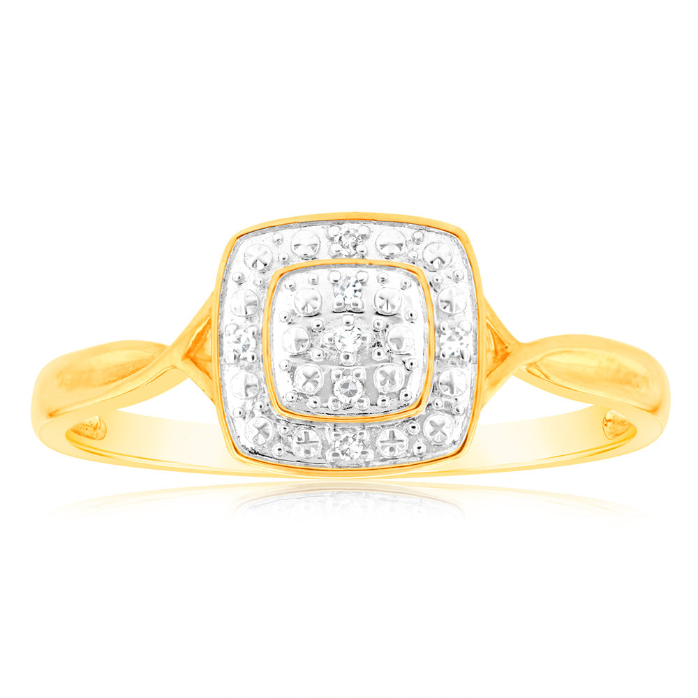 Stunning 9ct Yellow Gold Diamond Cluster Ring in Cushion Shape Featuring 7 Brilliantly Cut Diamonds