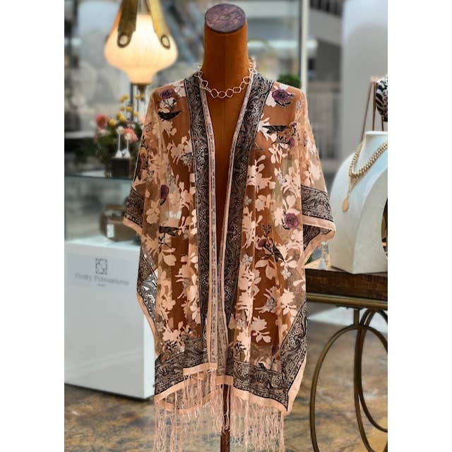 Elegant Flowery Day Kimono - Style Ruana for Beach Cover - up
