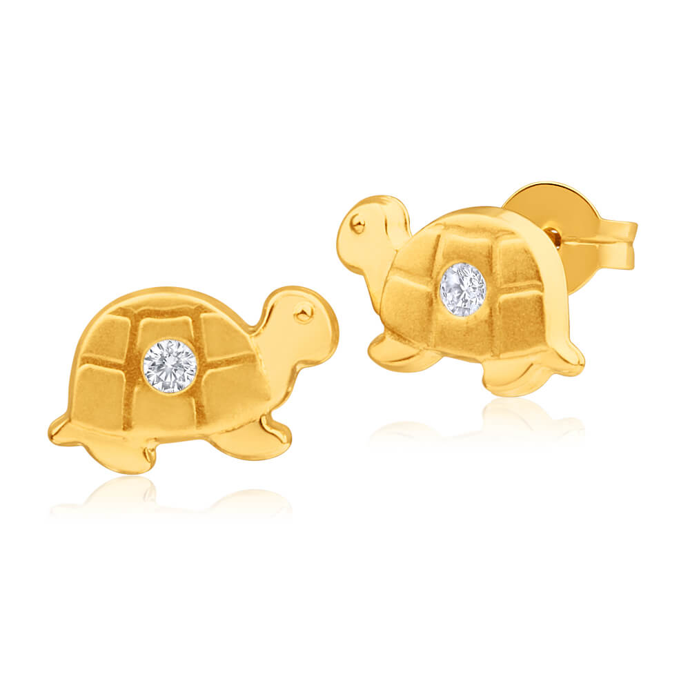 9ct Yellow Gold Fashionable Cubic Zirconia Turtle Design Stud Earrings for Jewelry Lovers