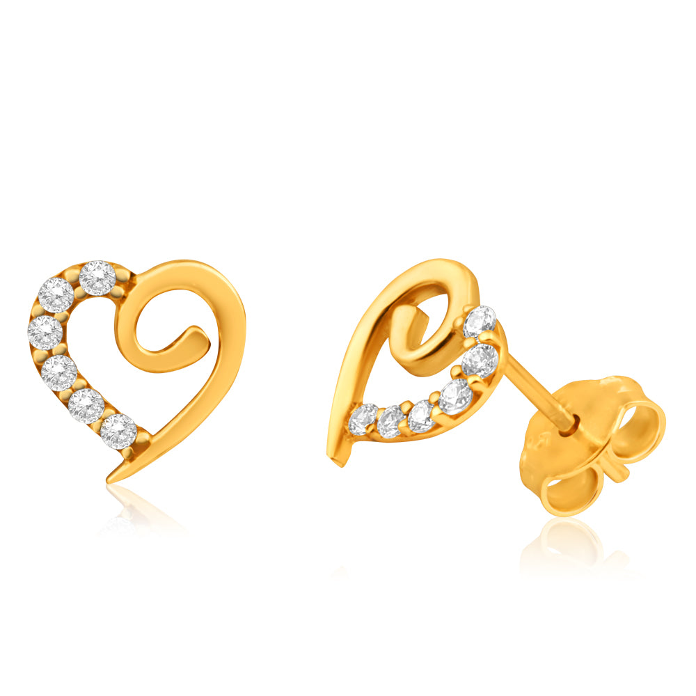Exquisite 9ct Yellow Gold Cubic Zirconia Heart-Shaped Stud Earrings for Women