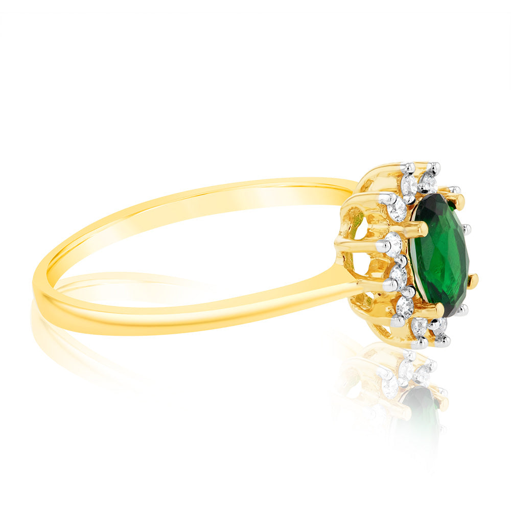 Stunning 9ct Yellow Gold Ring with Diamonds and Glass - Filled Emeralds