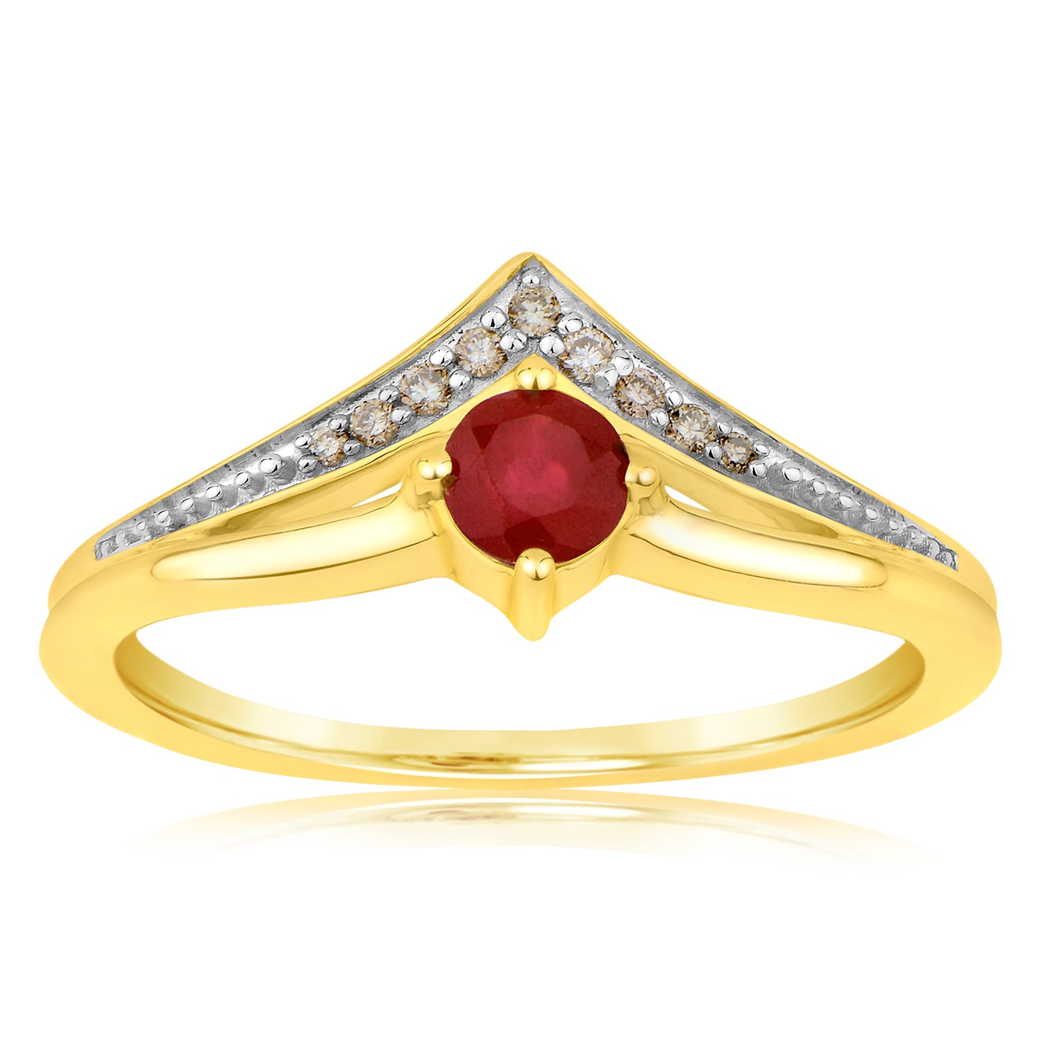 Exquisite 9ct Yellow Gold Ring with Diamonds and Lab - Created Round Rubies