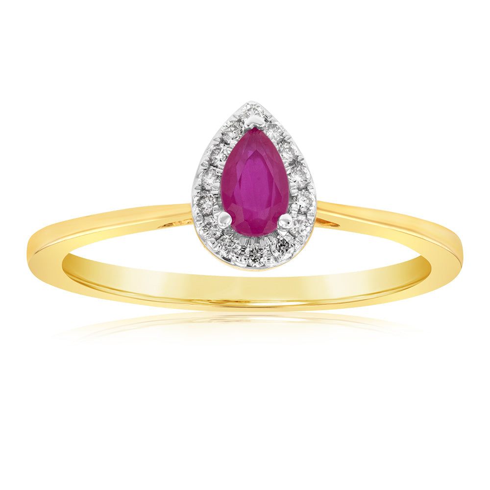 Exquisite 9ct Yellow Gold Ring with Diamonds and Created Pear Ruby
