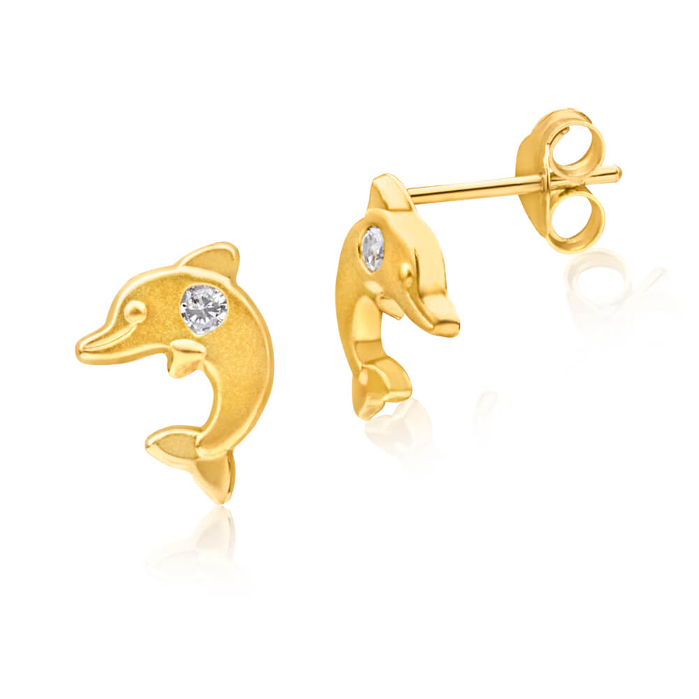 9 Carat Yellow Gold Cubic Zirconia Adorned Dolphin Design Stud Earrings for Jewelry Lovers