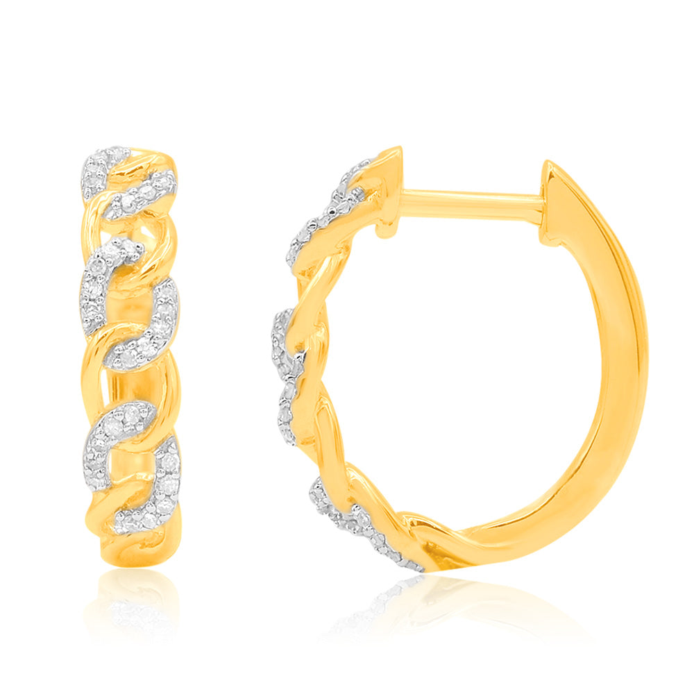 9ct Yellow Gold Diamond Chain Hoop Earrings Adorned with 60 Sparkling Brilliant Diamonds - A Classic Jewelry Piece