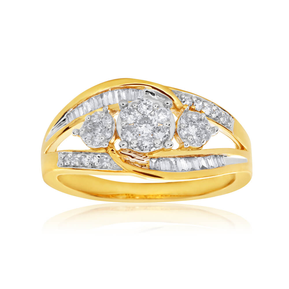 Stunning 9ct Yellow Gold Diamond Ring Set with Brilliant and Baguette Diamonds