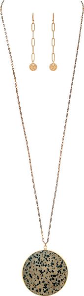 Gorgeous Gold-Plated Long Dalmatian Jasper Disc Necklace Jewelry Set