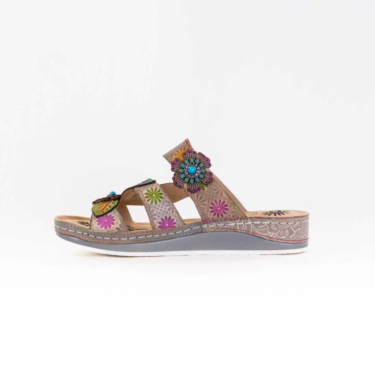 Spring Step L'Artiste Women's Pillow-Soft Grey Multi Color Stylish Hand-Painted Floral Embellished Sandals