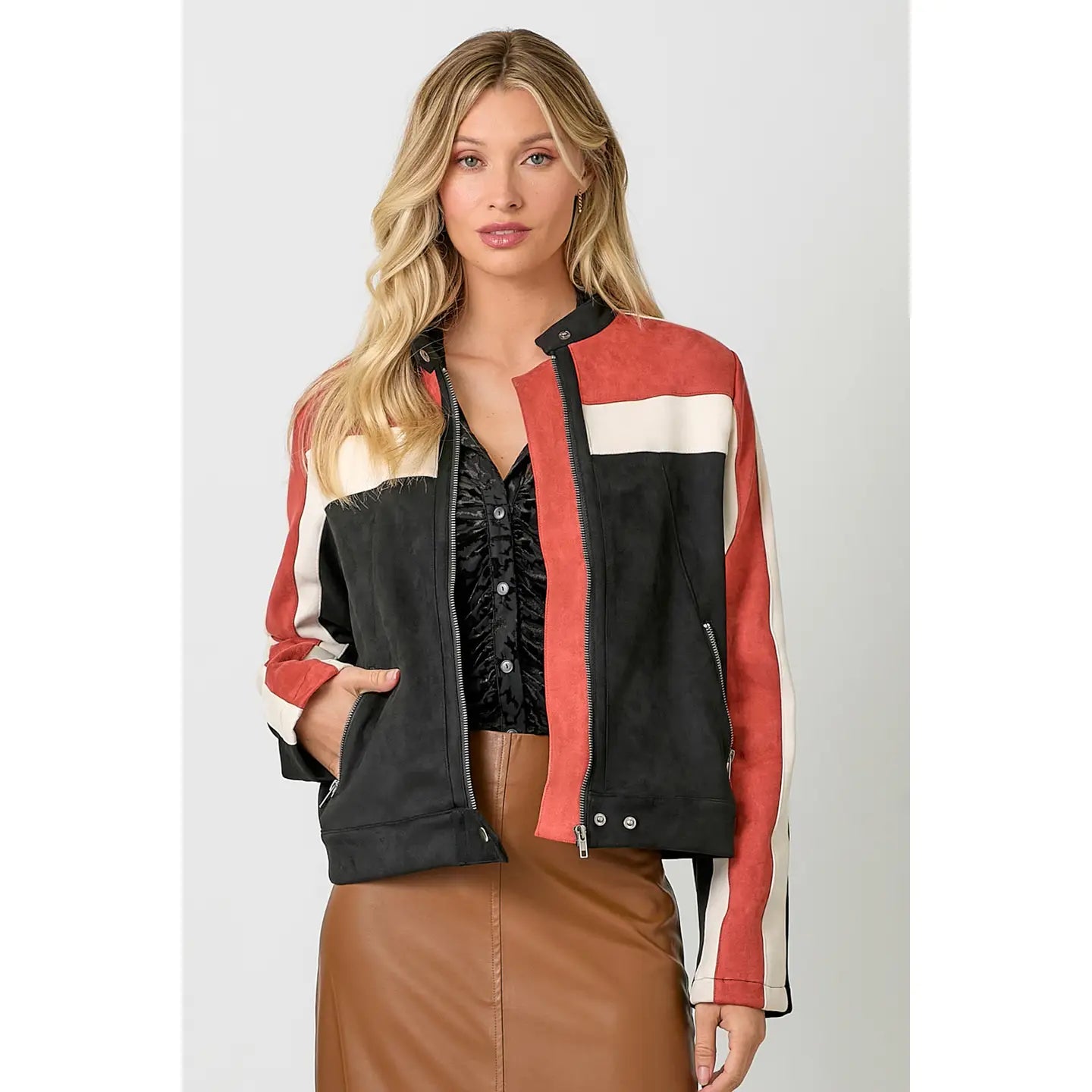 MYSTREE Fashionable Color - Blocked Motorcycle - Style Jacket