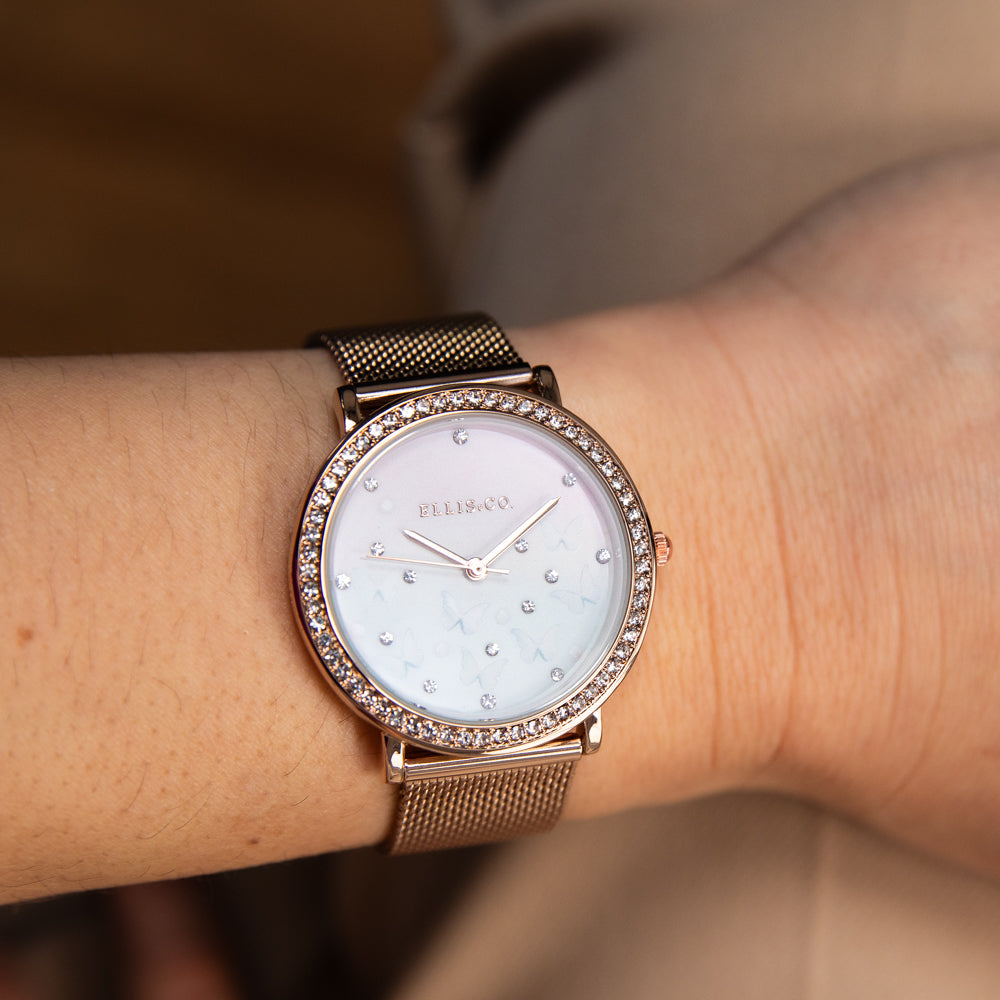 Ellis & Co Elegant 'Sena' Butterfly Dial Rose Stainless Steel Mesh Bracelet Watch