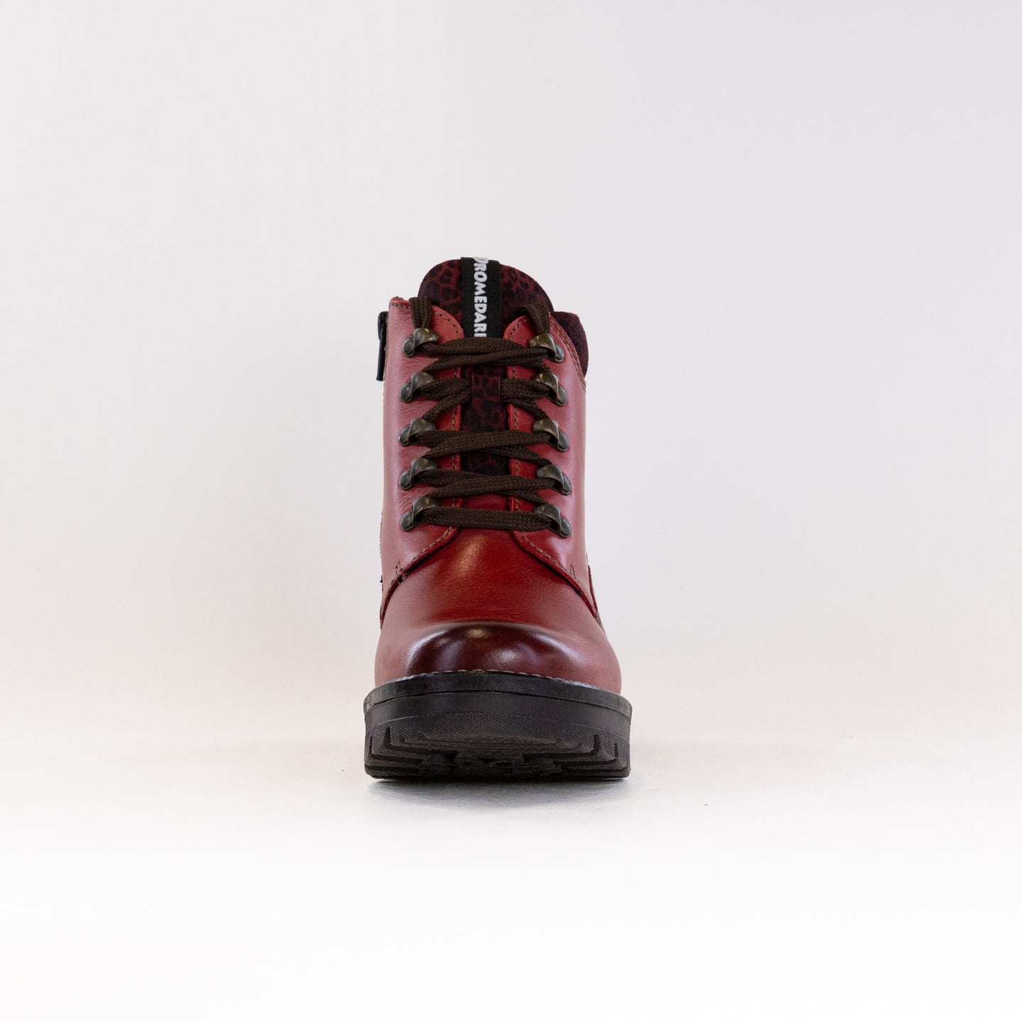 Dromedaris Karlie Women's Short Lace-up Ankle Boots in Red with Mini Leo Print