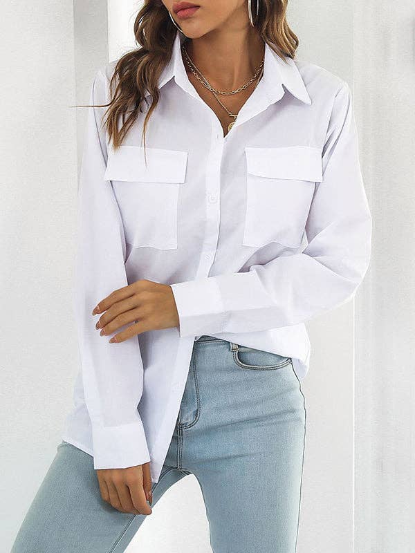 Stylish Long - Sleeved Loose - Fitting Solid - Color Split Lapel Women's Blouse