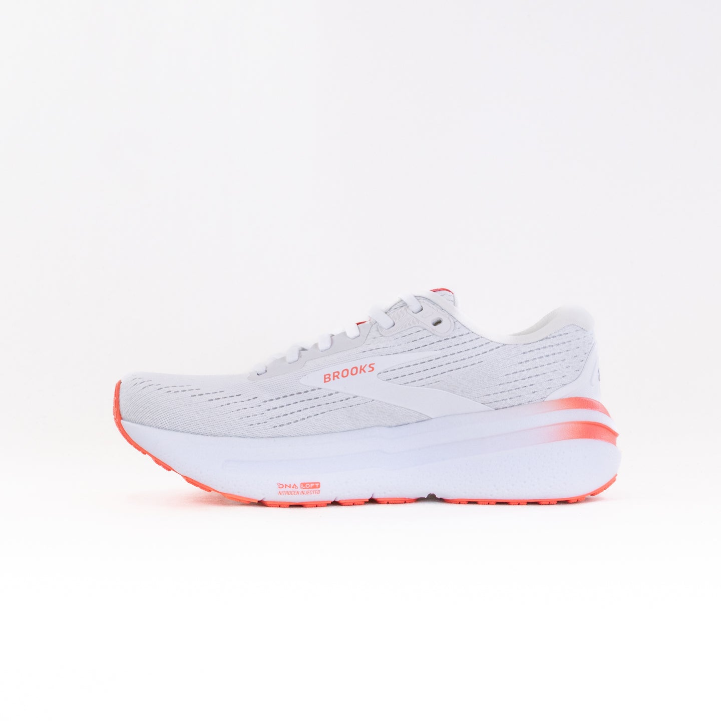 Women's Brooks Ghost Max 2 Road-Running Shoes in White and Bright Coral Color