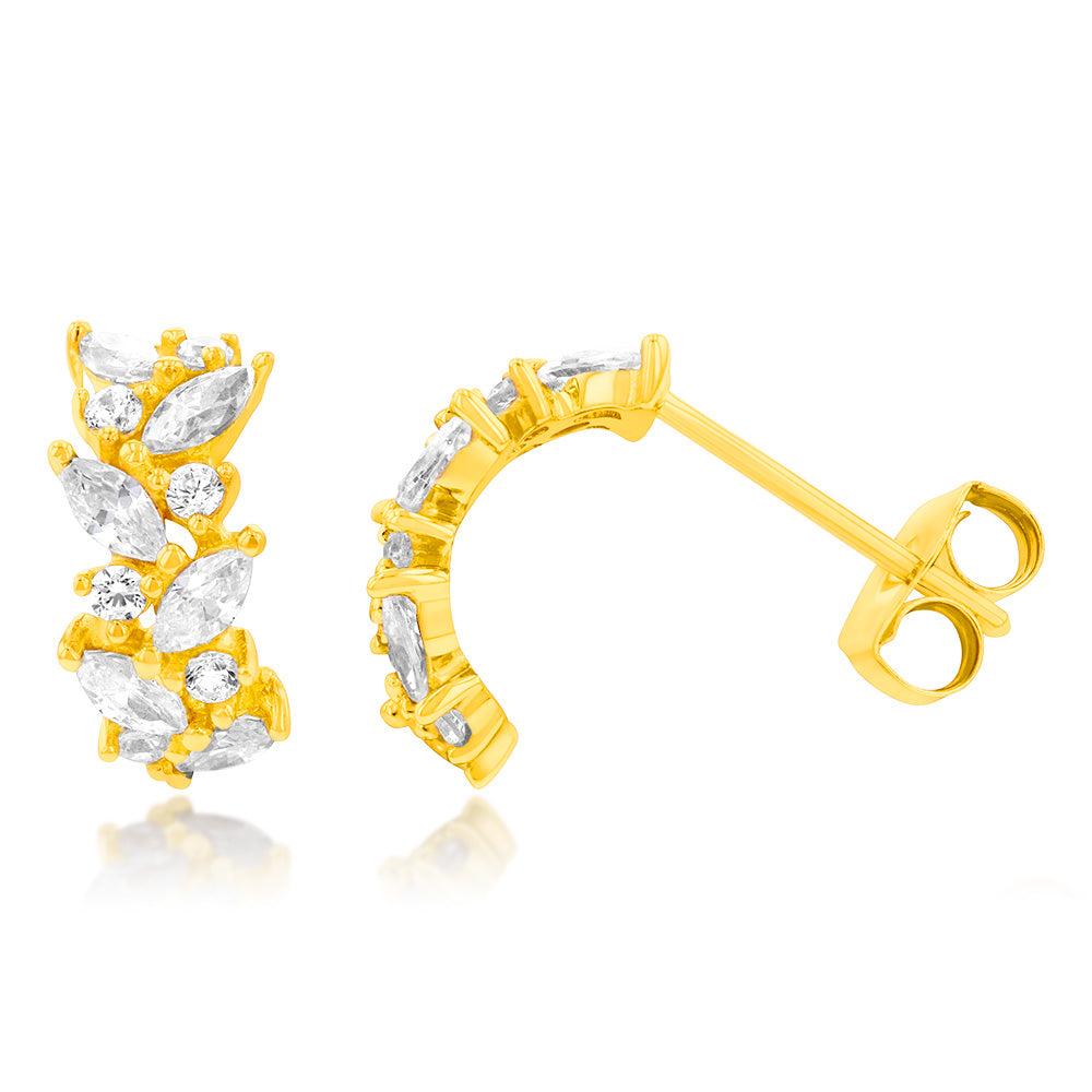 9ct Yellow Gold Cubic Zirconia Leaf - Patterned Half - Hoop Earrings for Daily Wear