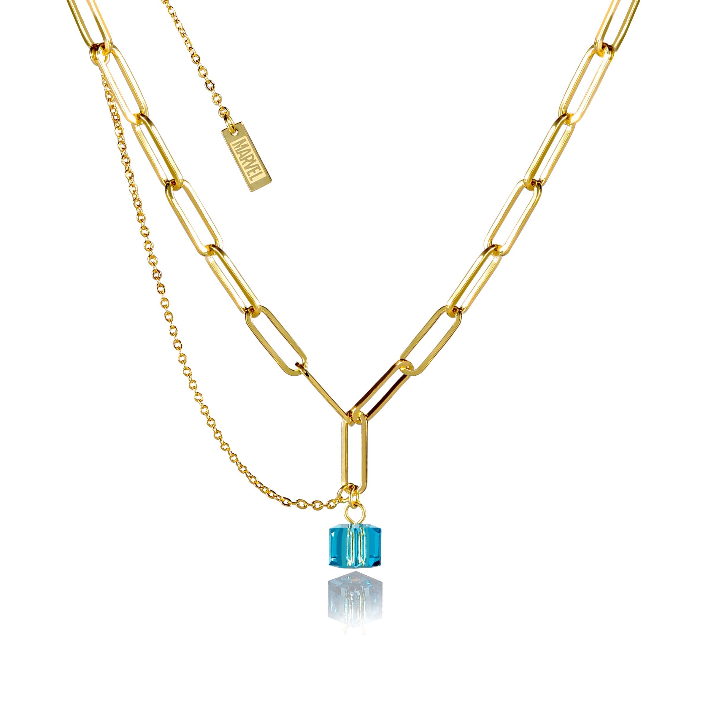 Disney Branded 14 Carat Gold Plated Stainless Steel Tesseract-Shaped Blue Crystal Pendant with a 45cm Long Chain for Jewelry Lovers